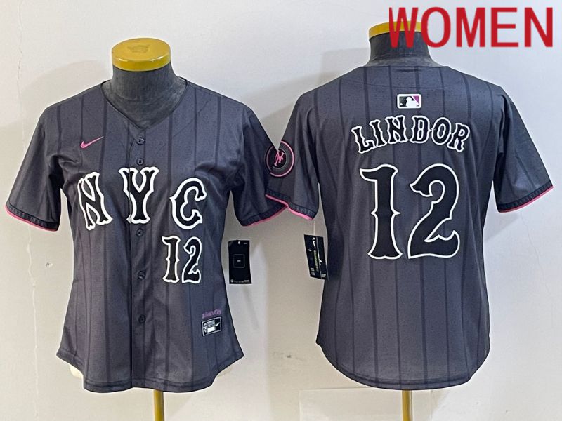 Women New York Mets #12 Lindor Black City Edition 2024 Nike MLB Jersey style 6->->Women Jersey